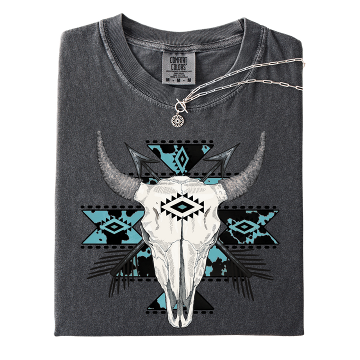 Blue Aztec Bull Skull Pepper Western Graphic Tee
