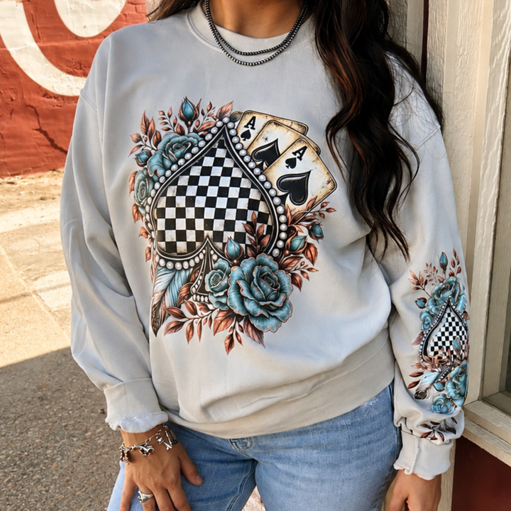 Floral Checkered Spade Graphic Crewneck