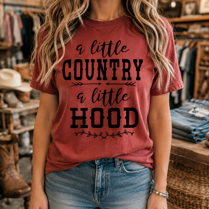 Woman wearing the terracotta A Little Country A Little Hood graphic tee