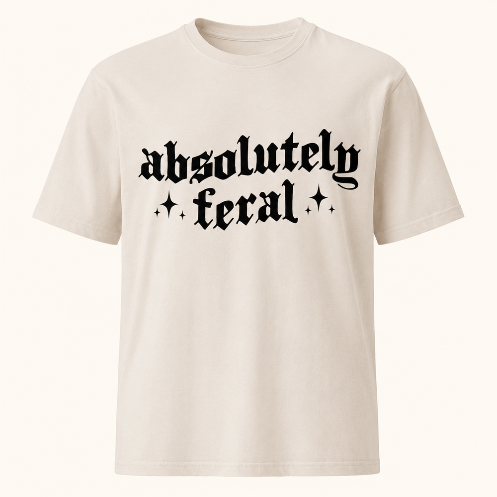 Absolutely Feral sand funny graphic tee with black gothic lettering, front product view