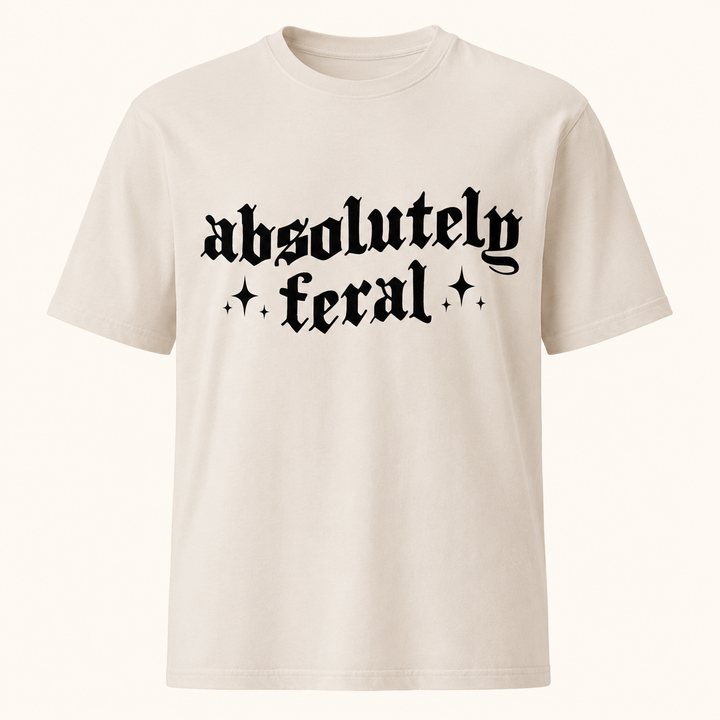 Absolutely Feral sand funny graphic tee with black gothic lettering, front product view