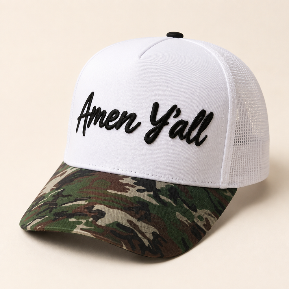 Amen Y'all white trucker hat with black embroidery and woodland camouflage bill, product view