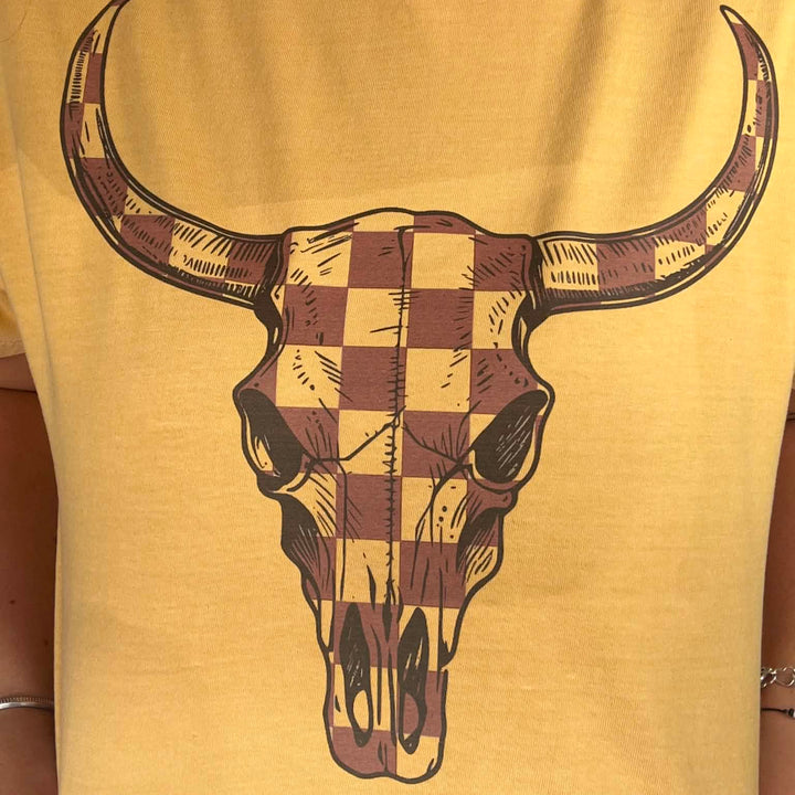 Brown Checkered Bull Skull Graphic T-Shirt Envy Stylz Boutique