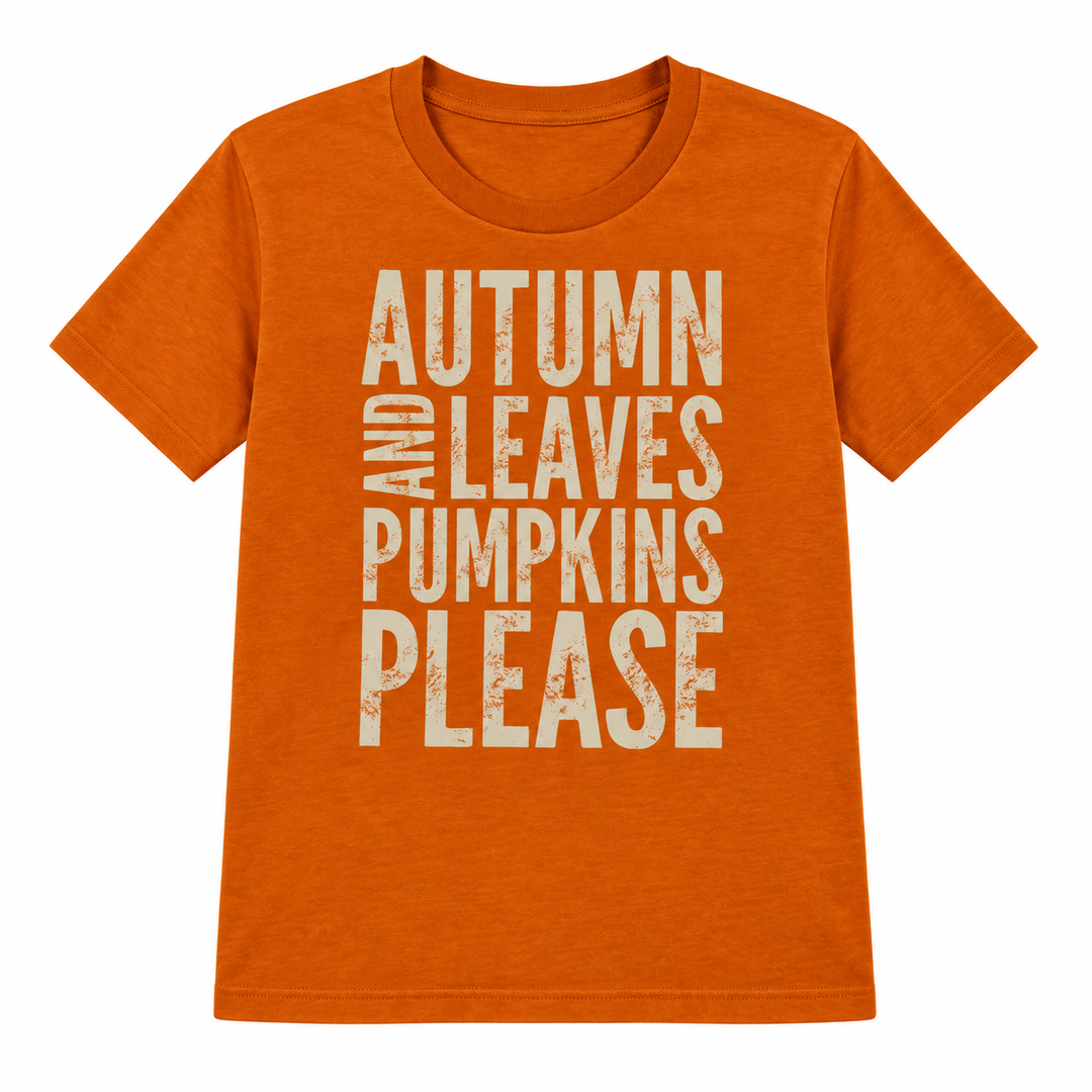 Autumn Leaves Pumpkins Please graphic tee flat lay on white