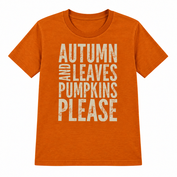 Autumn Leaves Pumpkins Please graphic tee flat lay on white