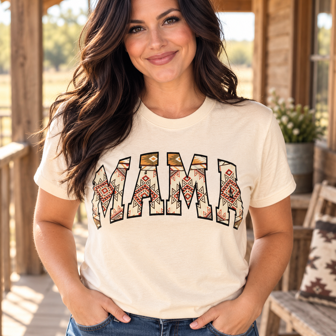 Aztec Mama soft cream tee close model view on a Western porch