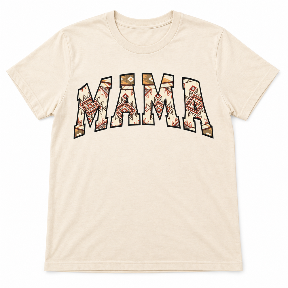 Aztec Mama soft cream tee lay-flat on white