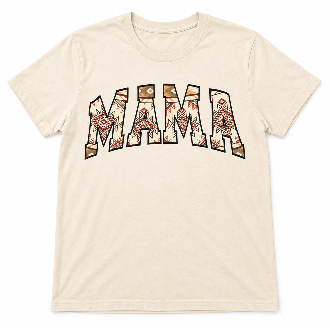Aztec Mama soft cream tee lay-flat on white