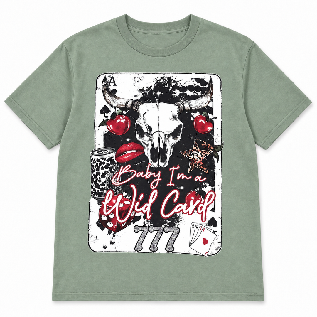 Sage Baby I’m a Wild Card Western graphic tee on a white background