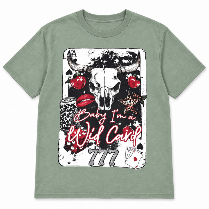 Sage Baby I’m a Wild Card Western graphic tee on a white background