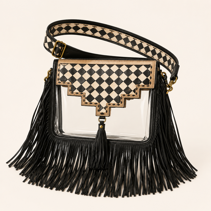 Backstage Babe clear concert bag with checkerboard flap, matching strap and black fringe, product view