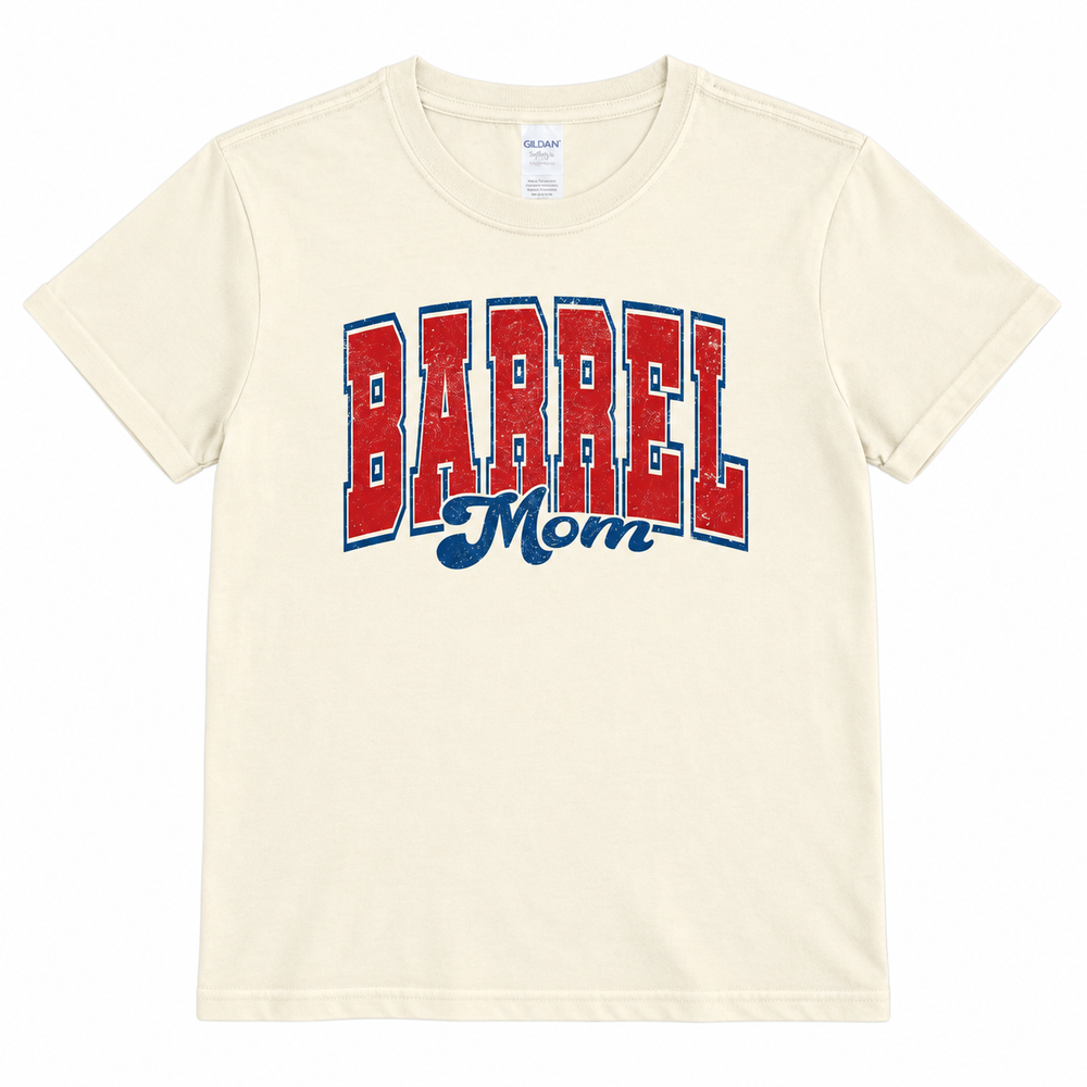 Barrel Mom cream graphic tee lay-flat on white