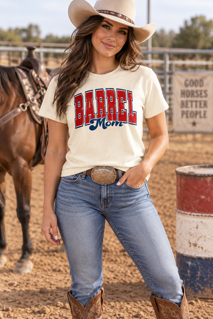 Barrel Mom cream graphic tee close Western ranch lifestyle