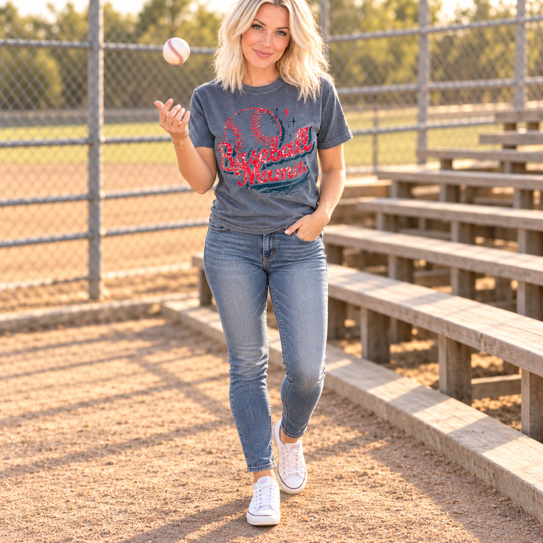 Baseball Mama charcoal tee full-body ballpark lifestyle