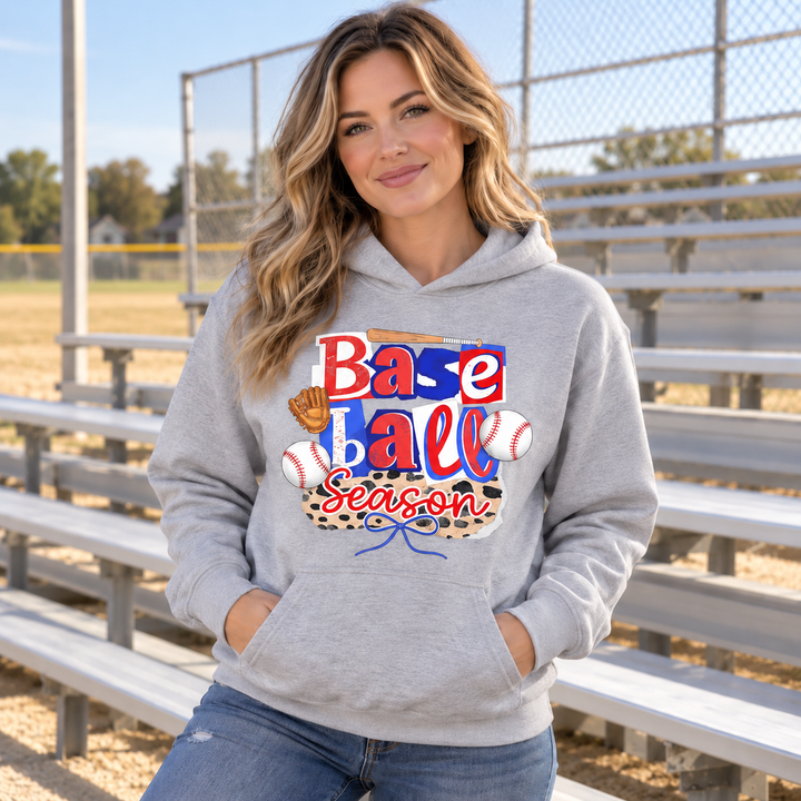 Woman wearing Baseball Season patchwork sport grey hoodie