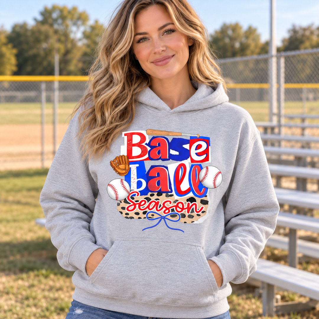 Baseball Season Sport Grey hoodie close model view at a small-town ballfield