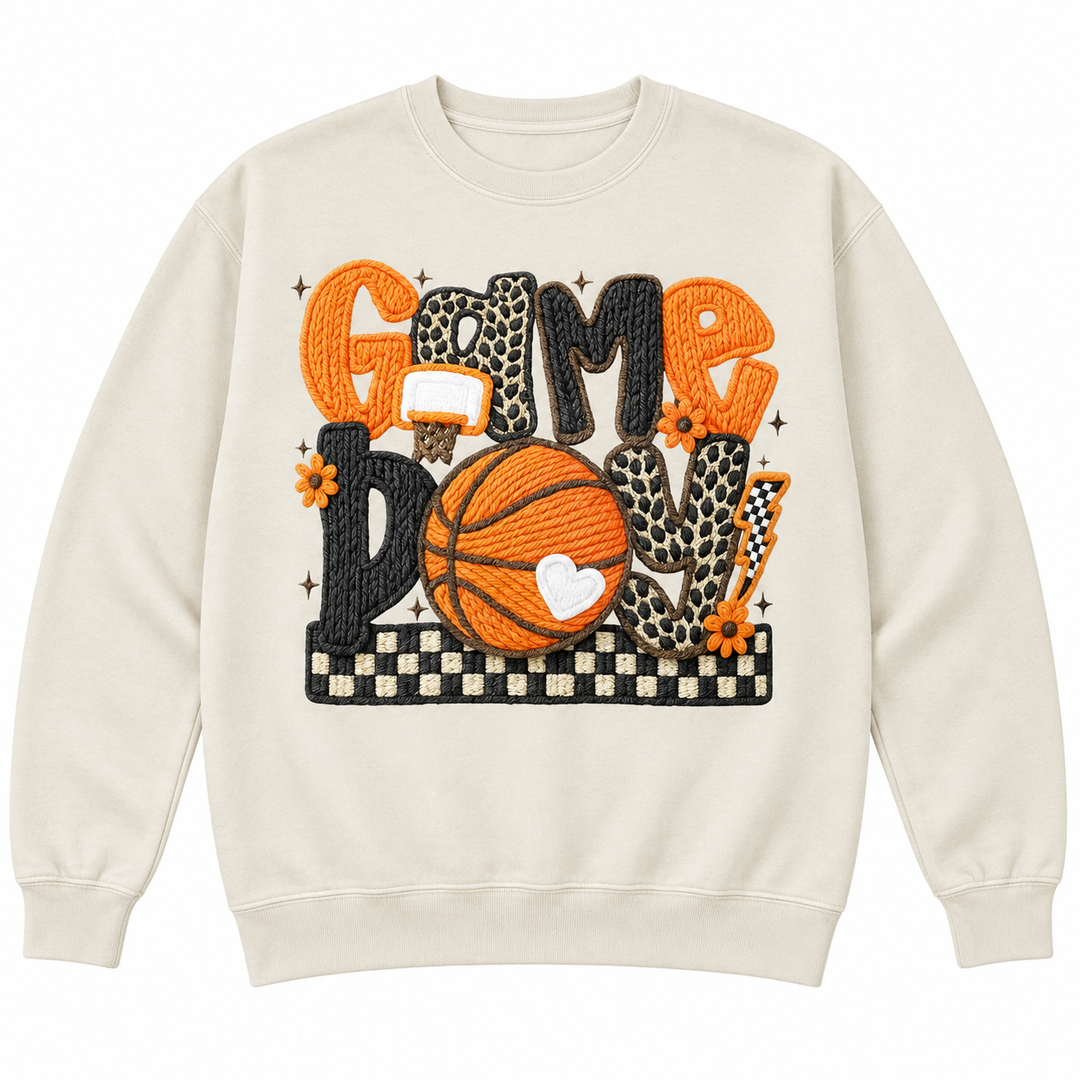 Game Day Basketball sand crewneck sweatshirt, white background flat lay