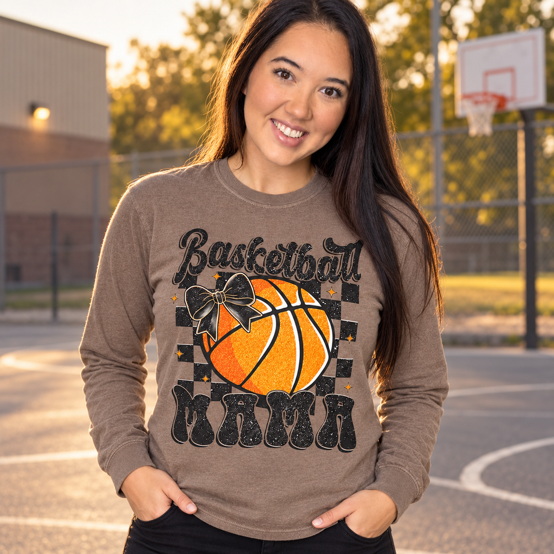 Basketball Mama espresso long-sleeve tee close model view on a small-town court