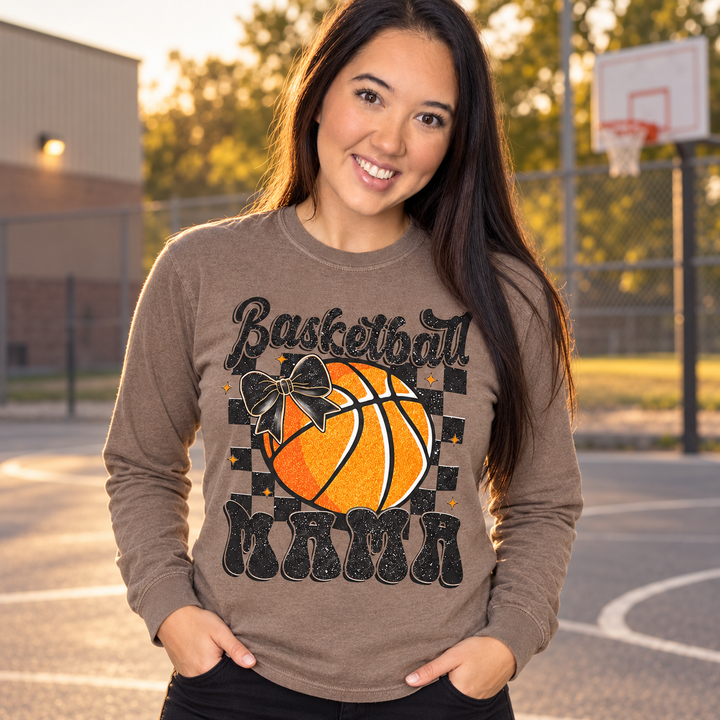 Basketball Mama espresso long-sleeve tee close model view on a small-town court