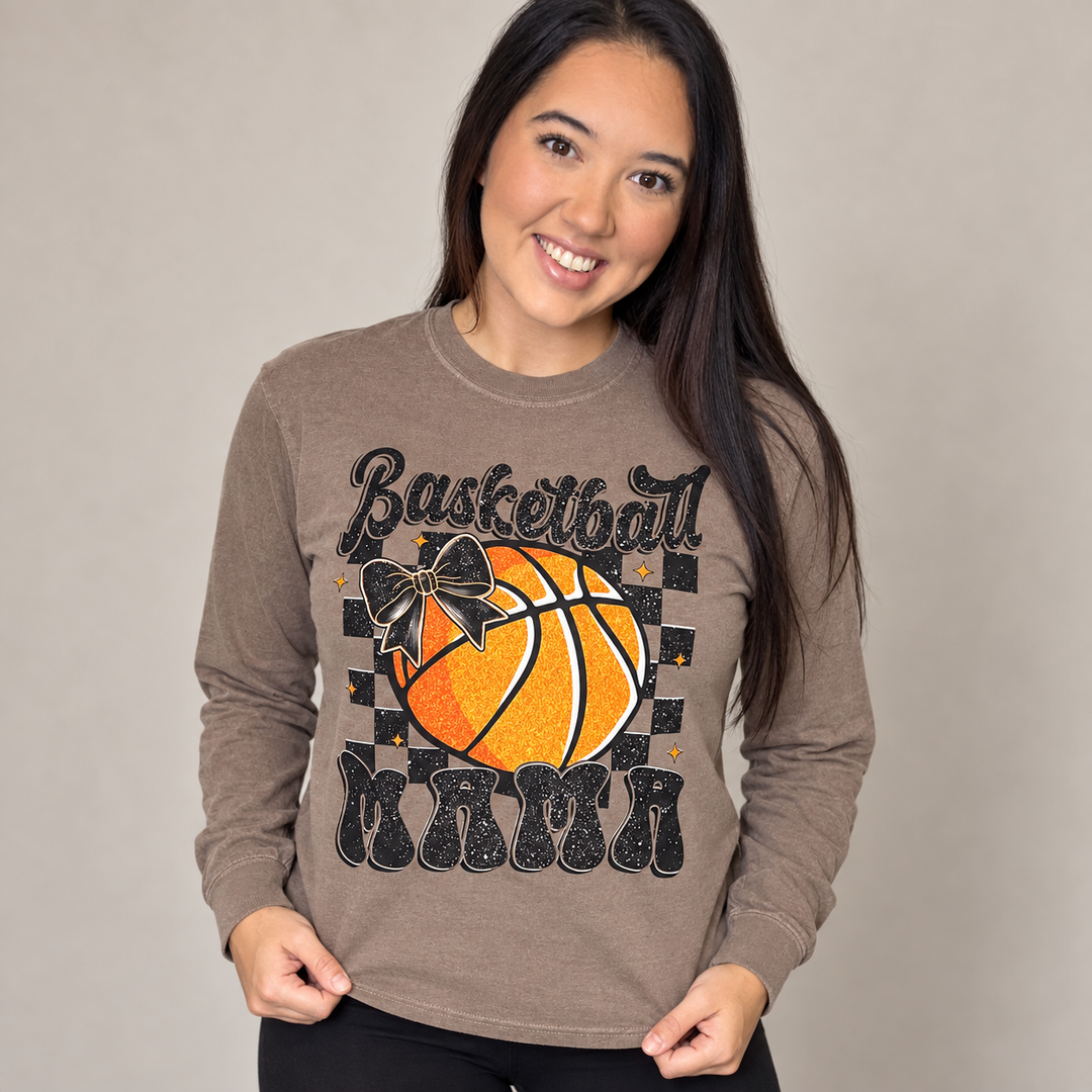 Basketball Mama espresso long-sleeve graphic tee on model, front view