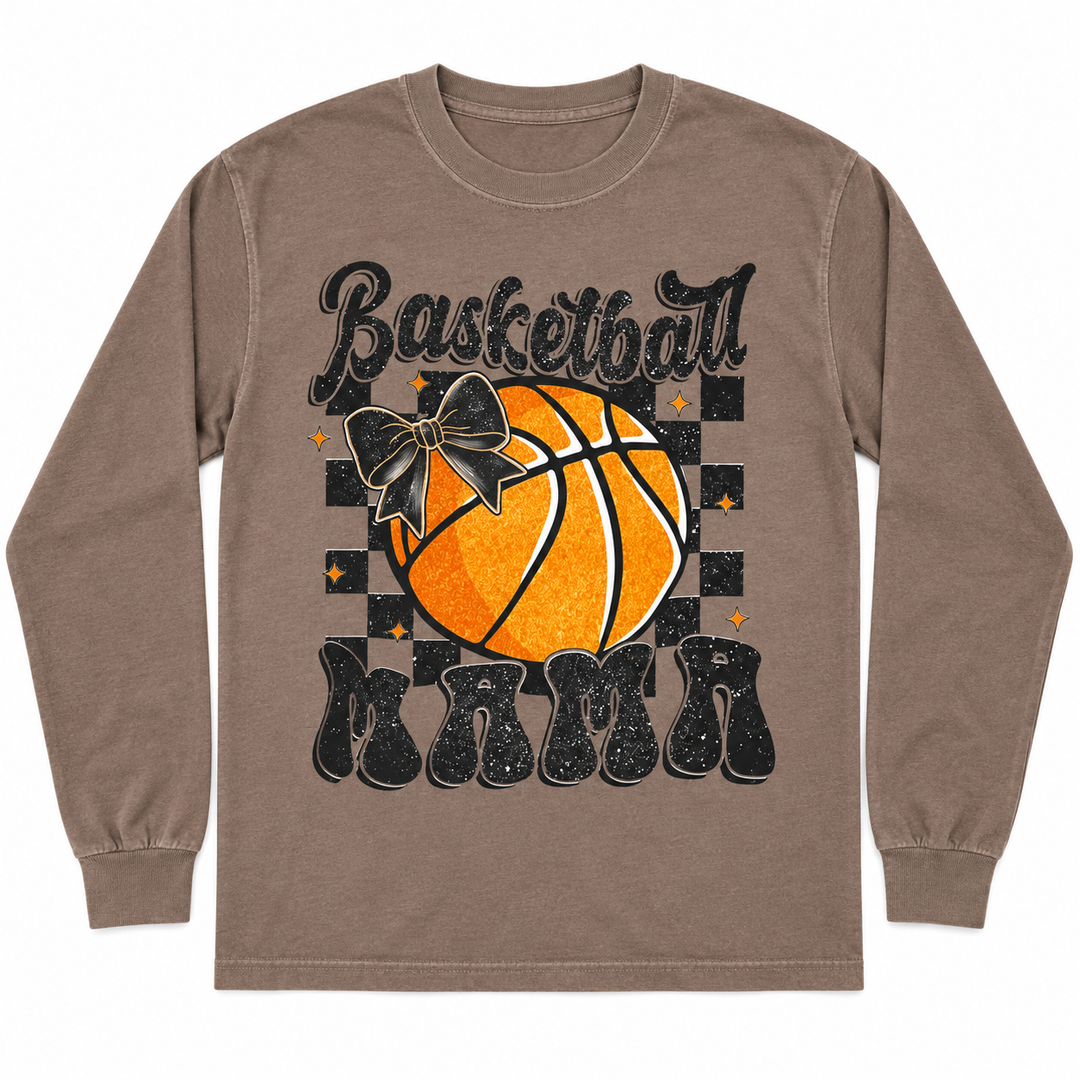 Basketball Mama espresso long-sleeve graphic tee, white background flat lay