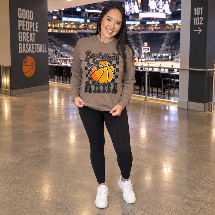 Basketball Mama espresso long-sleeve graphic tee styled at basketball arena