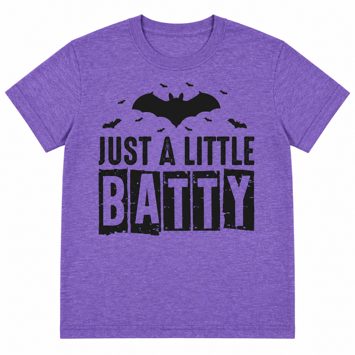 Batty heather purple Halloween graphic tee single-garment lay-flat on pure white