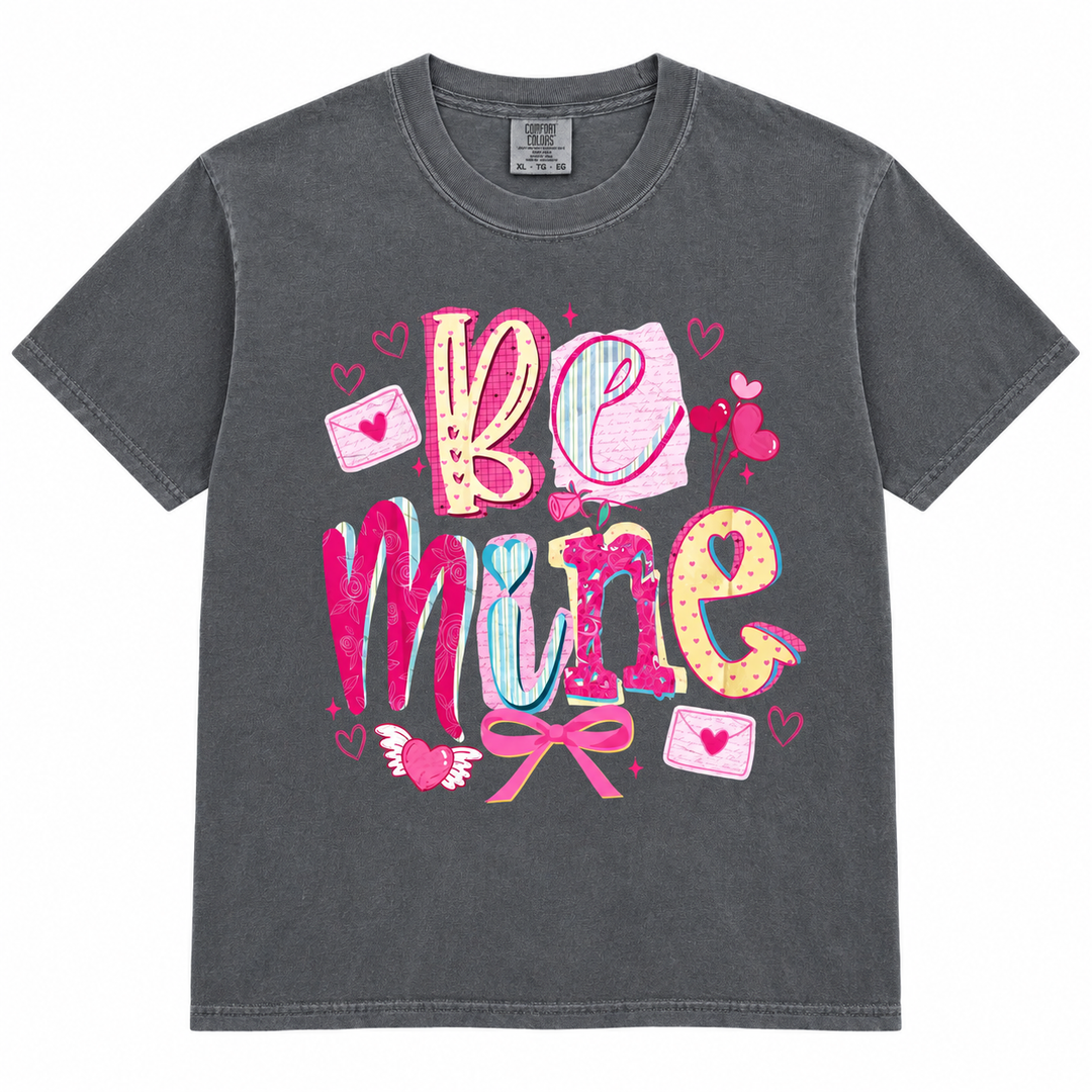 Be Mine Pepper charcoal Valentine graphic tee flat product view on white
