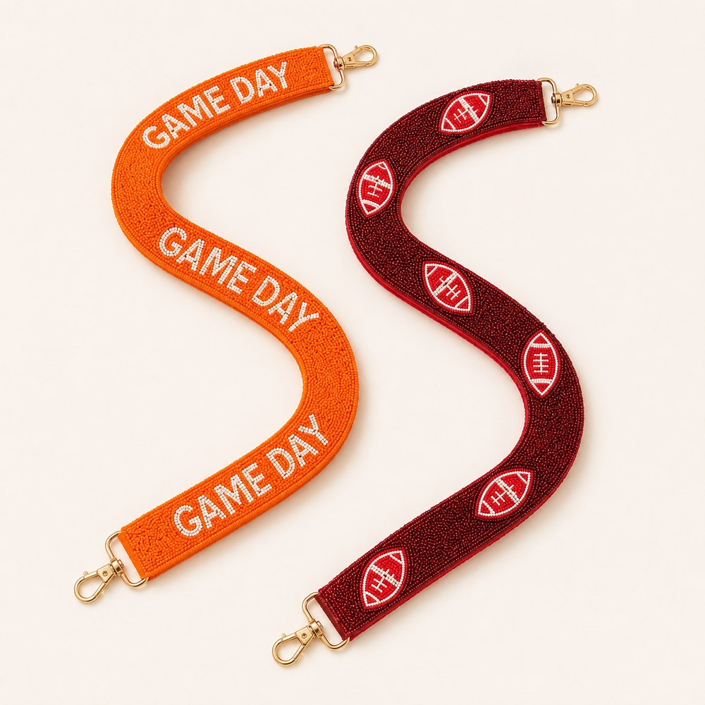 Orange Game Day and red football beaded purse straps with gold clasps, product view