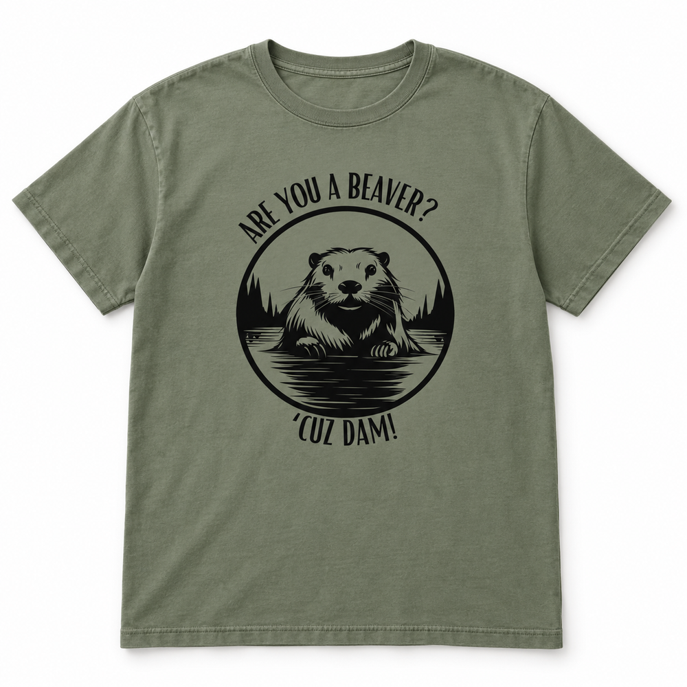 Are You a Beaver? Sandstone funny graphic T-shirt flat product view