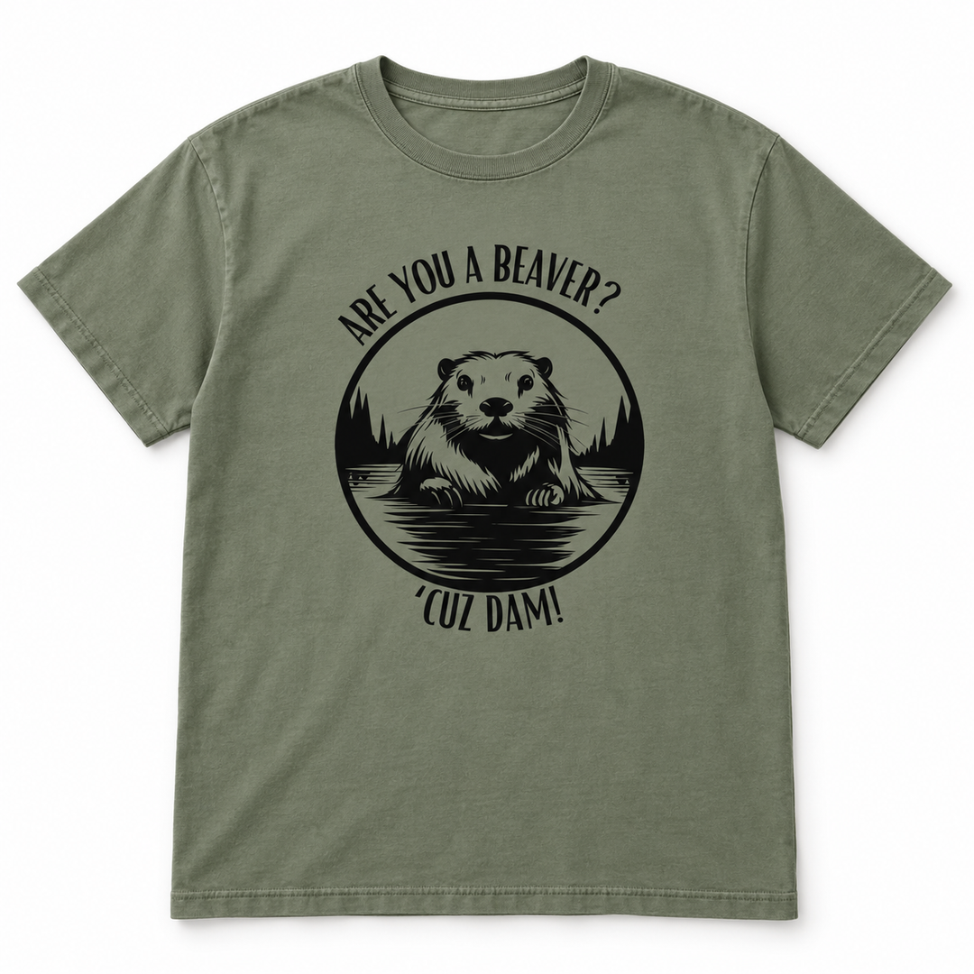 Are You a Beaver? Sandstone funny graphic T-shirt flat product view