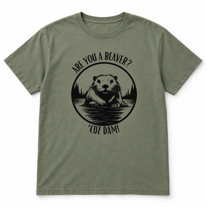 Are You a Beaver? Sandstone funny graphic T-shirt flat product view