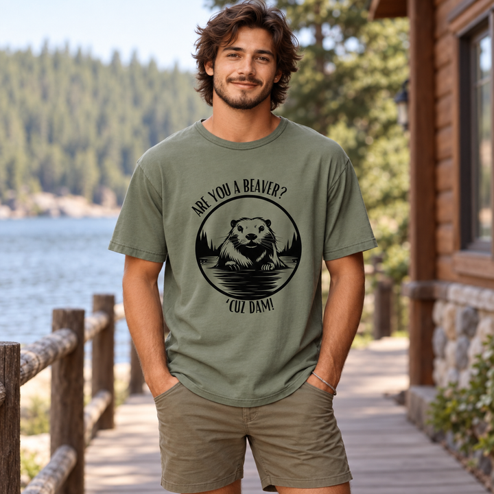 Man wearing Are You a Beaver? Sandstone funny graphic T-shirt in a complete-head two-thirds lifestyle view