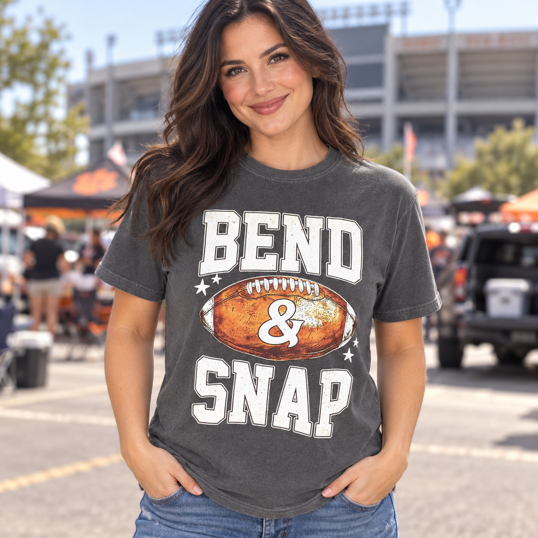 Bend and Snap Pepper football game day tee on model, front view