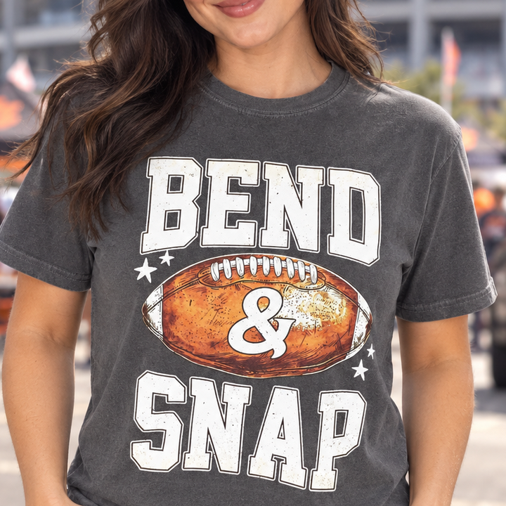 Bend and Snap Pepper football game day tee on model, front view