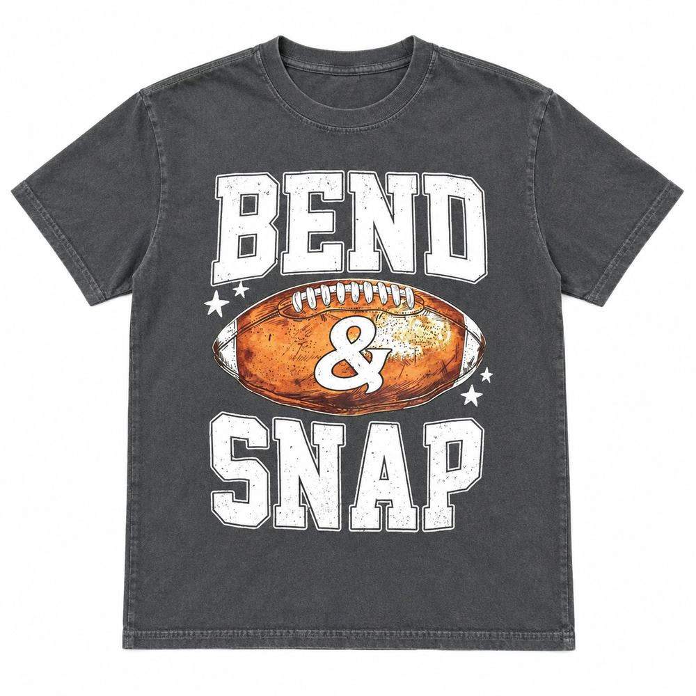 Bend and Snap Pepper football game day tee, white background flat lay