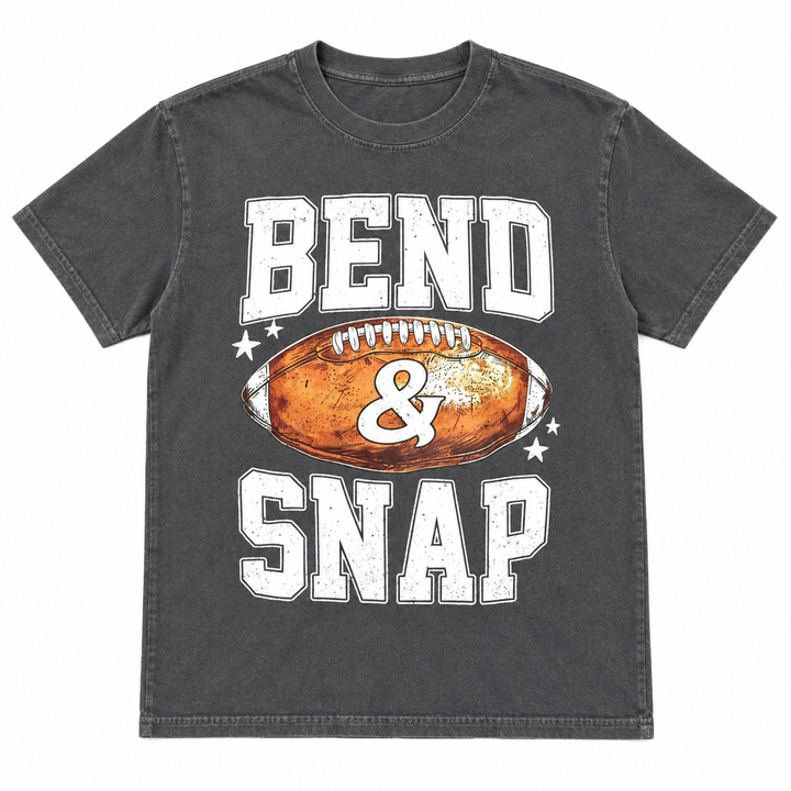 Bend and Snap Pepper football game day tee, white background flat lay