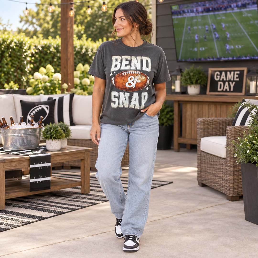 Bend and Snap Pepper football game day tee styled for watch party