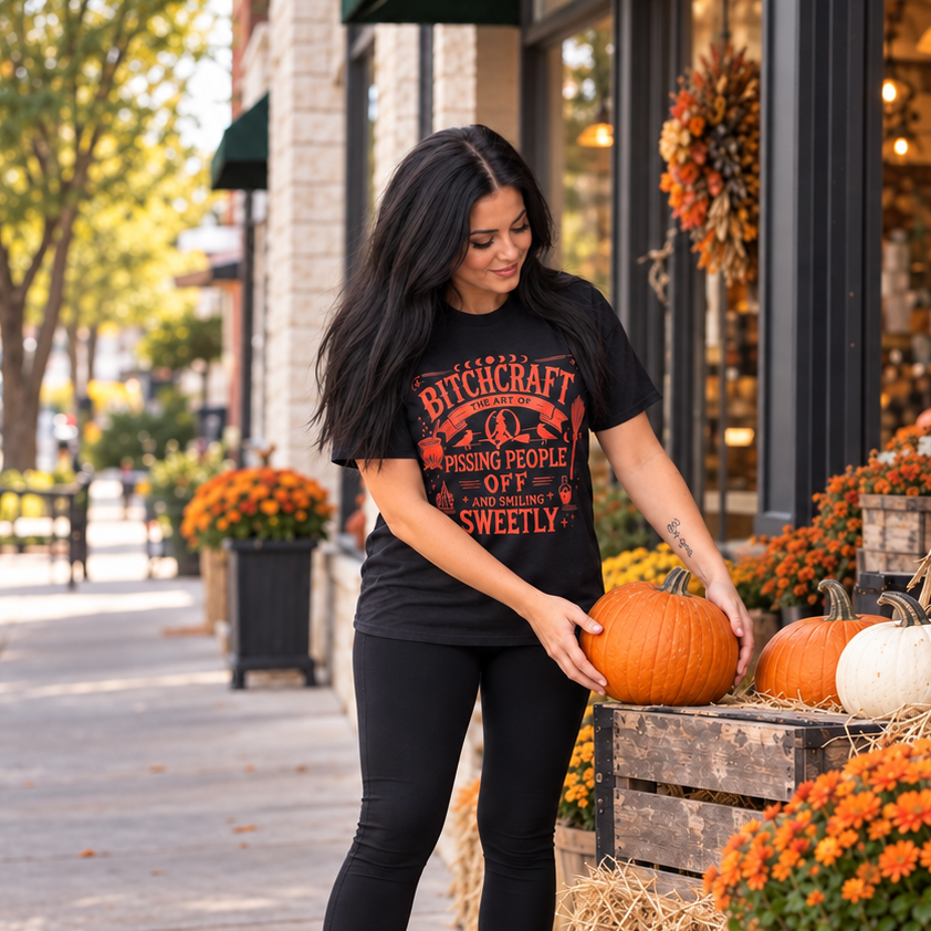 Woman arranging pumpkins in Bitchcraft Halloween graphic tee