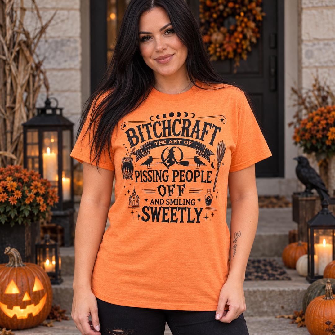 Woman modeling BitchCraft Tangerine Halloween Graphic Tee, complete front view