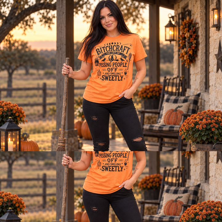 Woman wearing BitchCraft Tangerine Halloween Graphic Tee on a Texas ranch porch