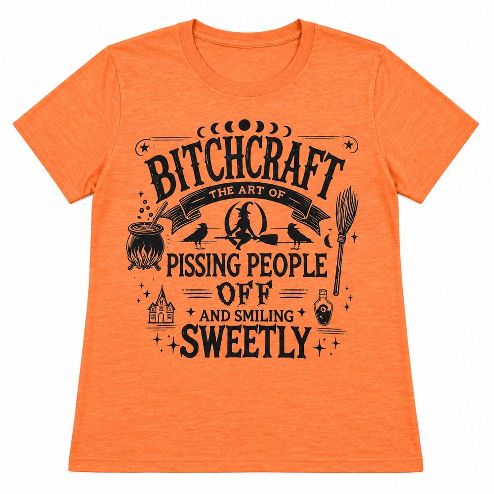 BitchCraft Tangerine Halloween Graphic Tee laid flat on pure white