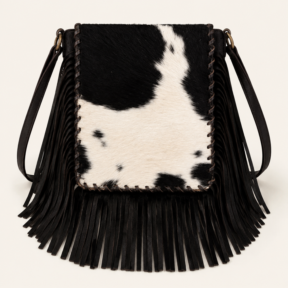 Blackwater black-and-white cowhide crossbody bag with long black fringe, front product view