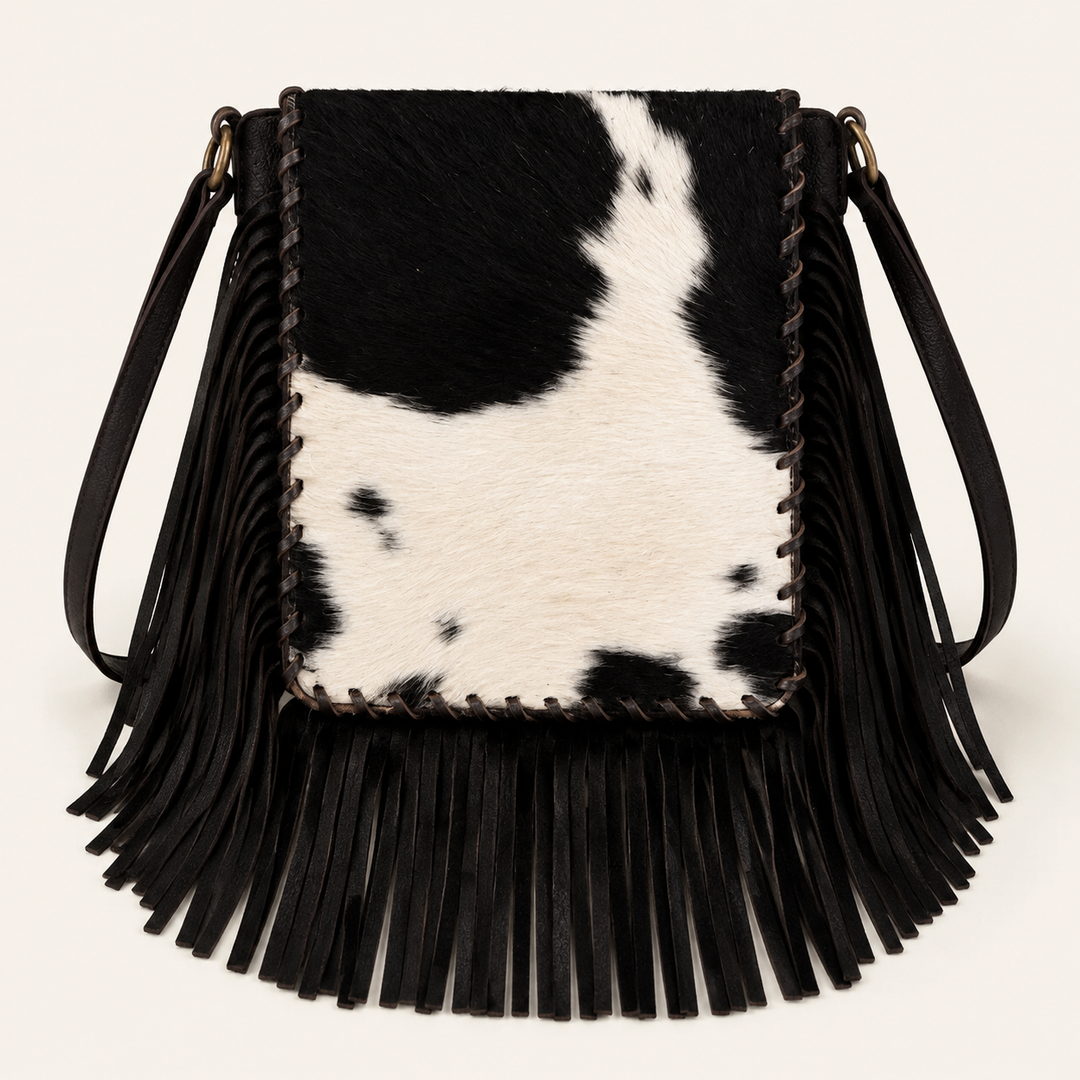 Blackwater black-and-white cowhide crossbody bag with long black fringe, front product view