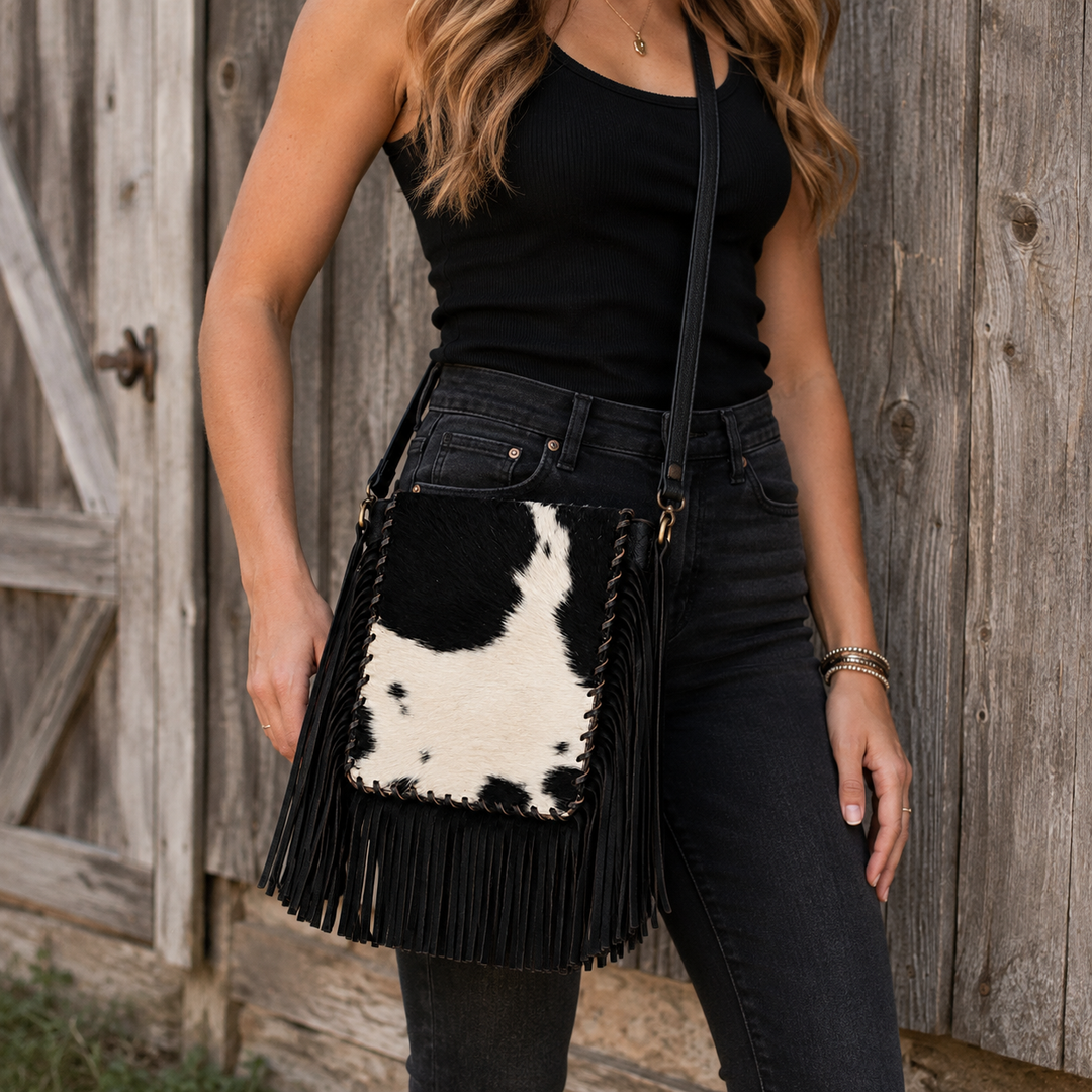 Woman wearing the Blackwater black-and-white cowhide fringe crossbody bag beside a rustic barn
