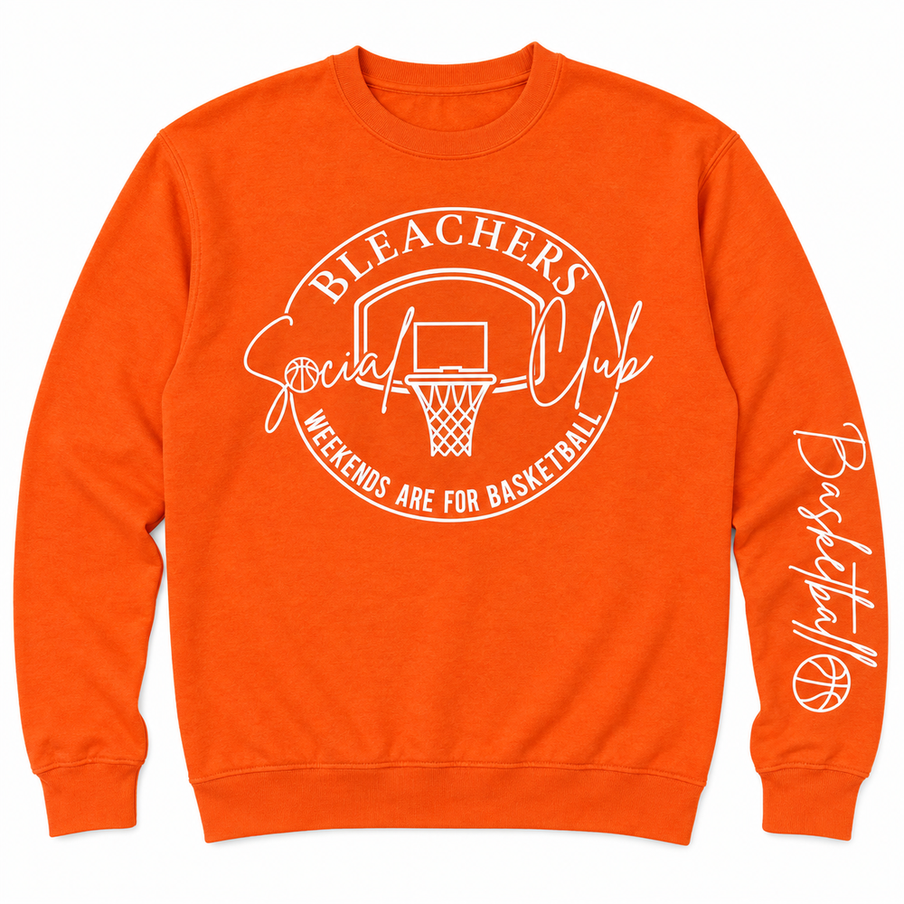Bleacher Social Club orange basketball sweatshirt flat lay on white