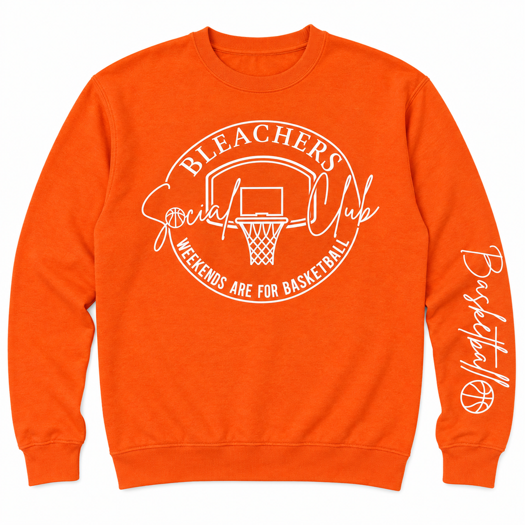 Bleacher Social Club orange basketball sweatshirt flat lay on white