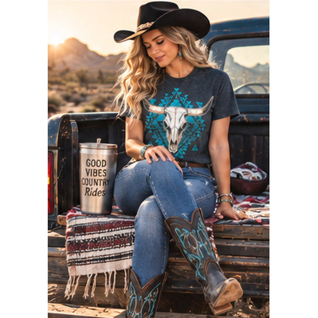 Blue Aztec Bull Skull Pepper Western Graphic Tee interactive country lifestyle model