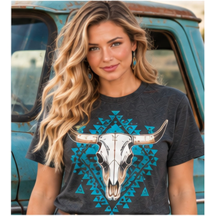 Blue Aztec Bull Skull Pepper Western Graphic Tee close-up model