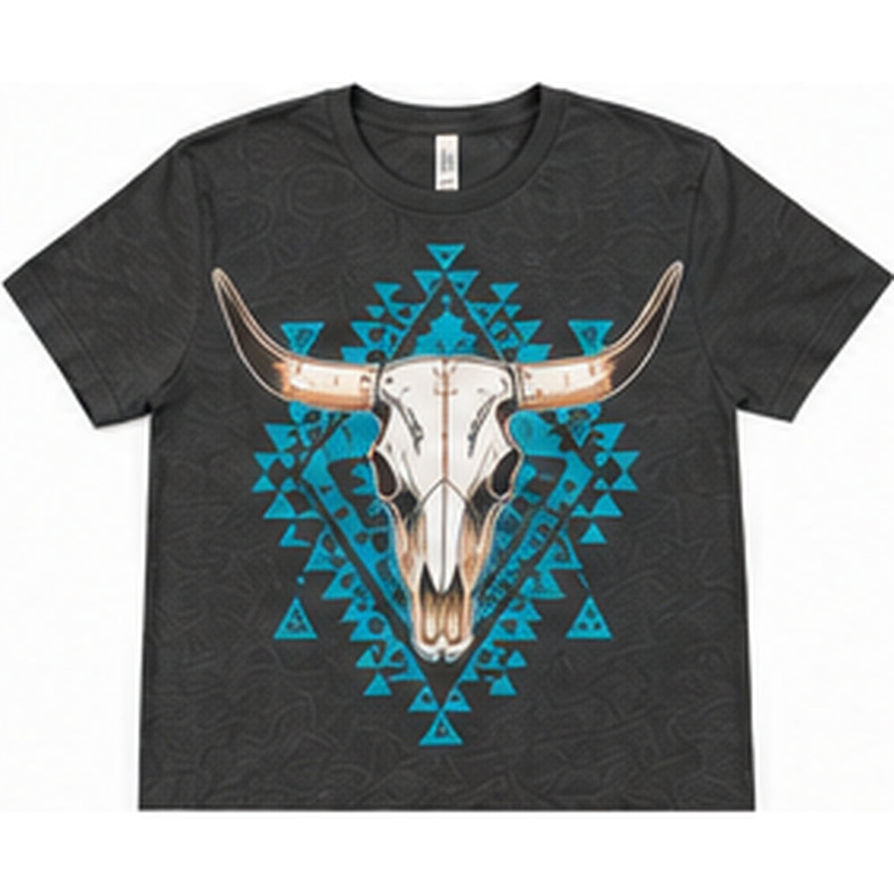 Blue Aztec Bull Skull Pepper Western Graphic Tee white background lay-flat
